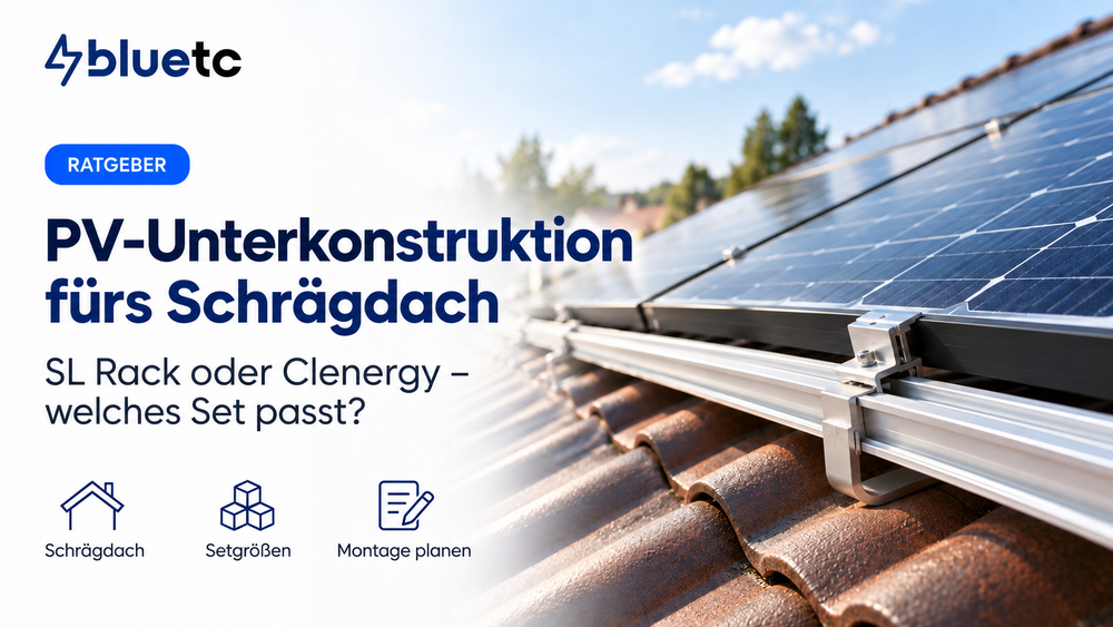 BlueTC-Ratgeberbild: PV-Module auf einem Ziegeldach mit Montageschiene – SL Rack oder Clenergy