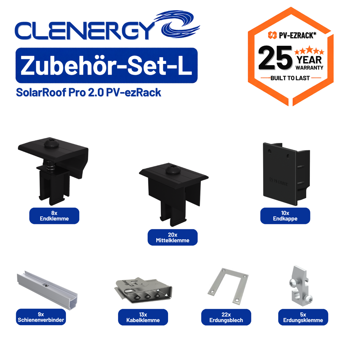 Clenergy SolarRoof Pro 2.0 PV-ezRack Zubehör-Set L mit End- und Mittelklemme, Endkappe, Schienenverbinder, Kabelclip, Erdungsblech und Erdungsklemme.