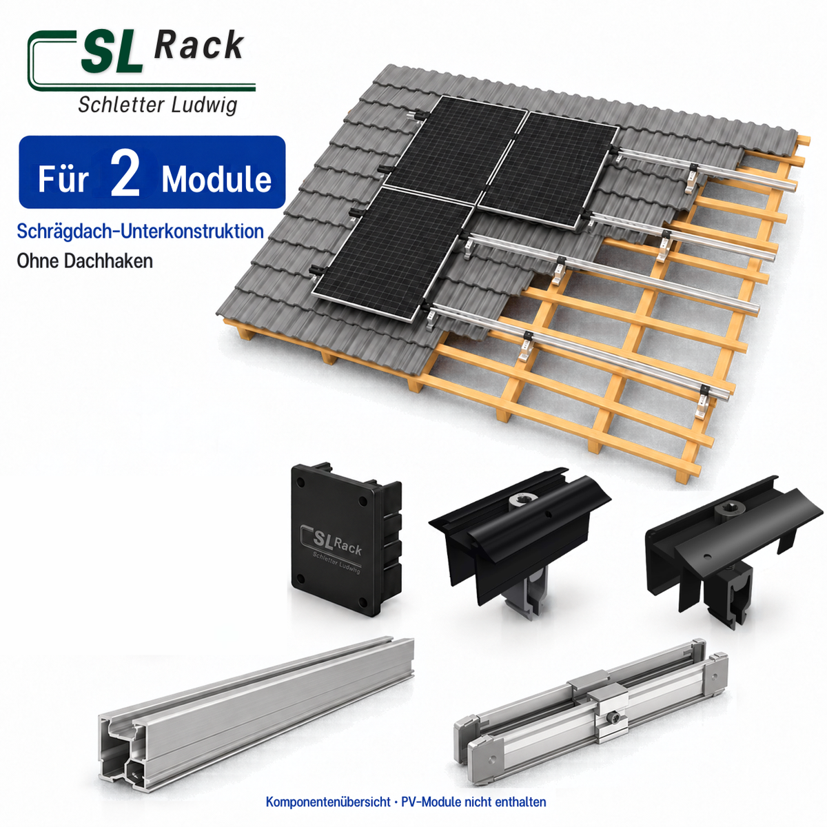 SL Rack Schrägdach-Unterkonstruktion für 2 Module – Komponentenübersicht, ohne Dachhaken