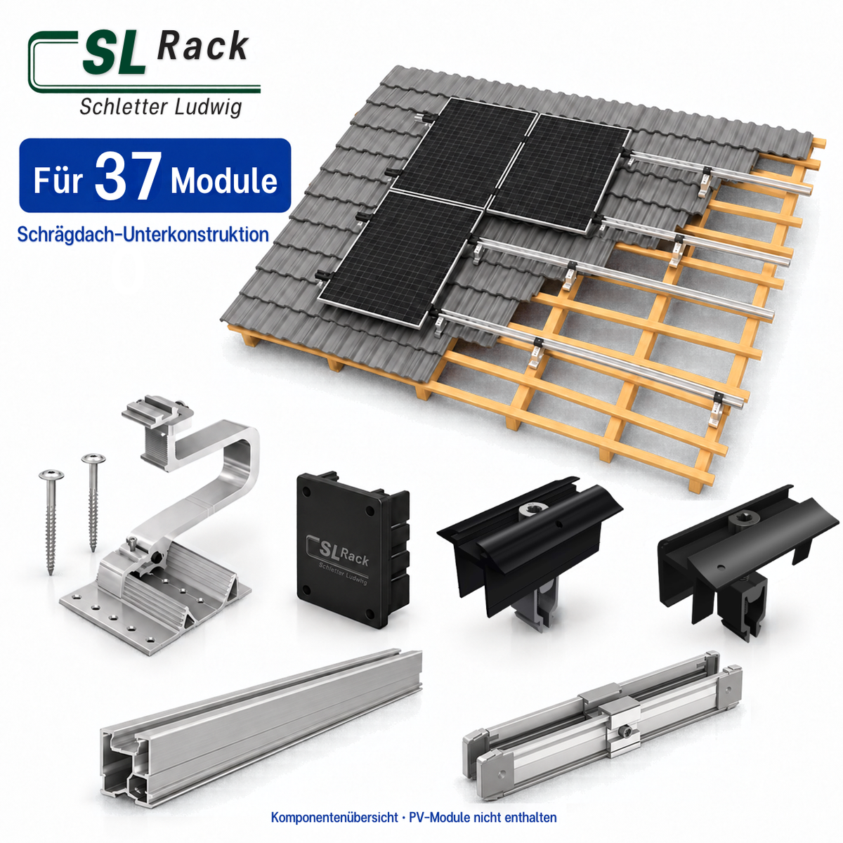 SL Rack Schrägdach-Unterkonstruktion für 37 Module – Komponentenübersicht